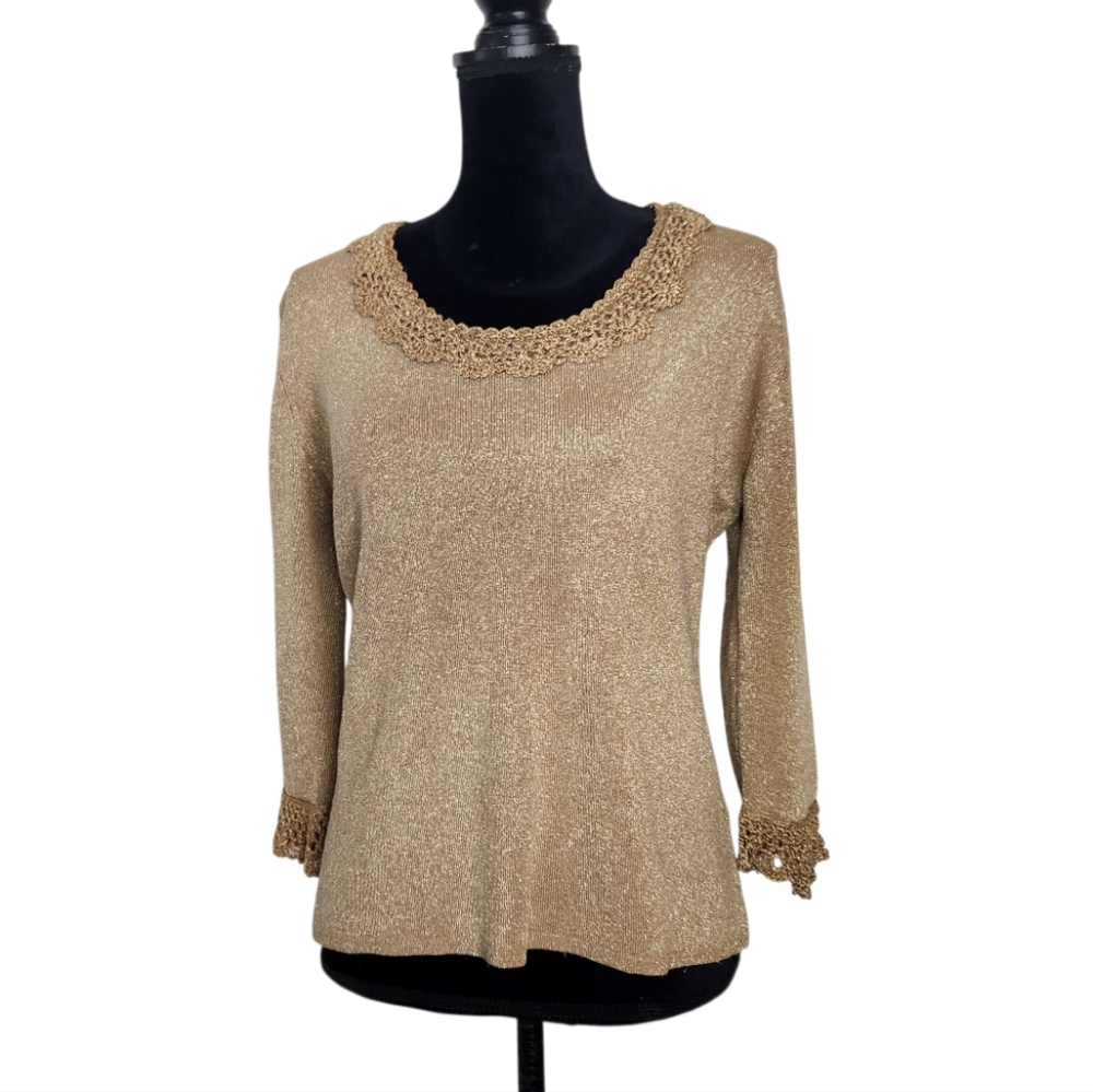 Joseph A Vintage Gold Sparkle Crochet Lace Blouse Sweater Top